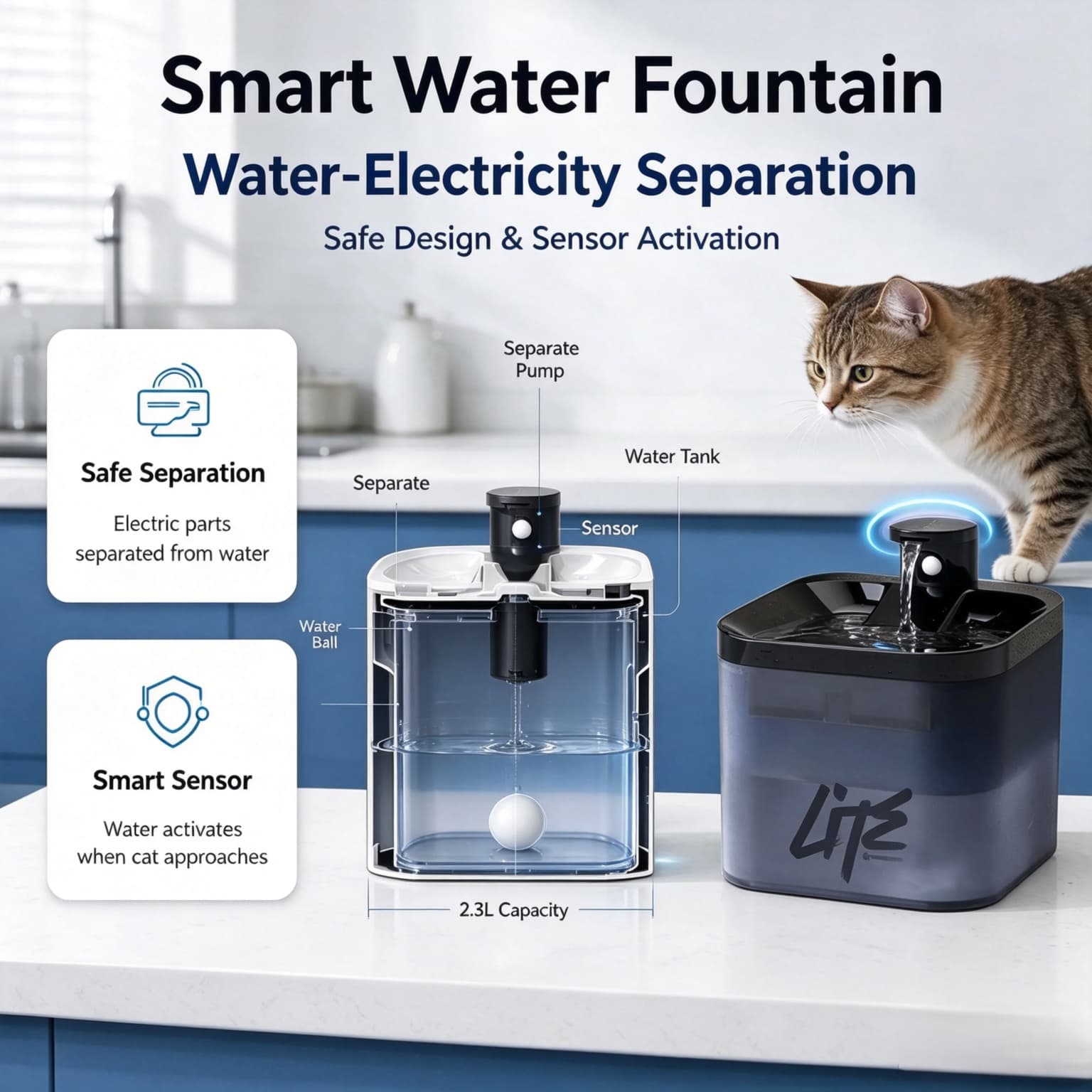 Hanfay LITE 2.2L Battery Operated Pet Fountain – Wired & 5000mAh Wireless | Wholesale & OEM - Image 3