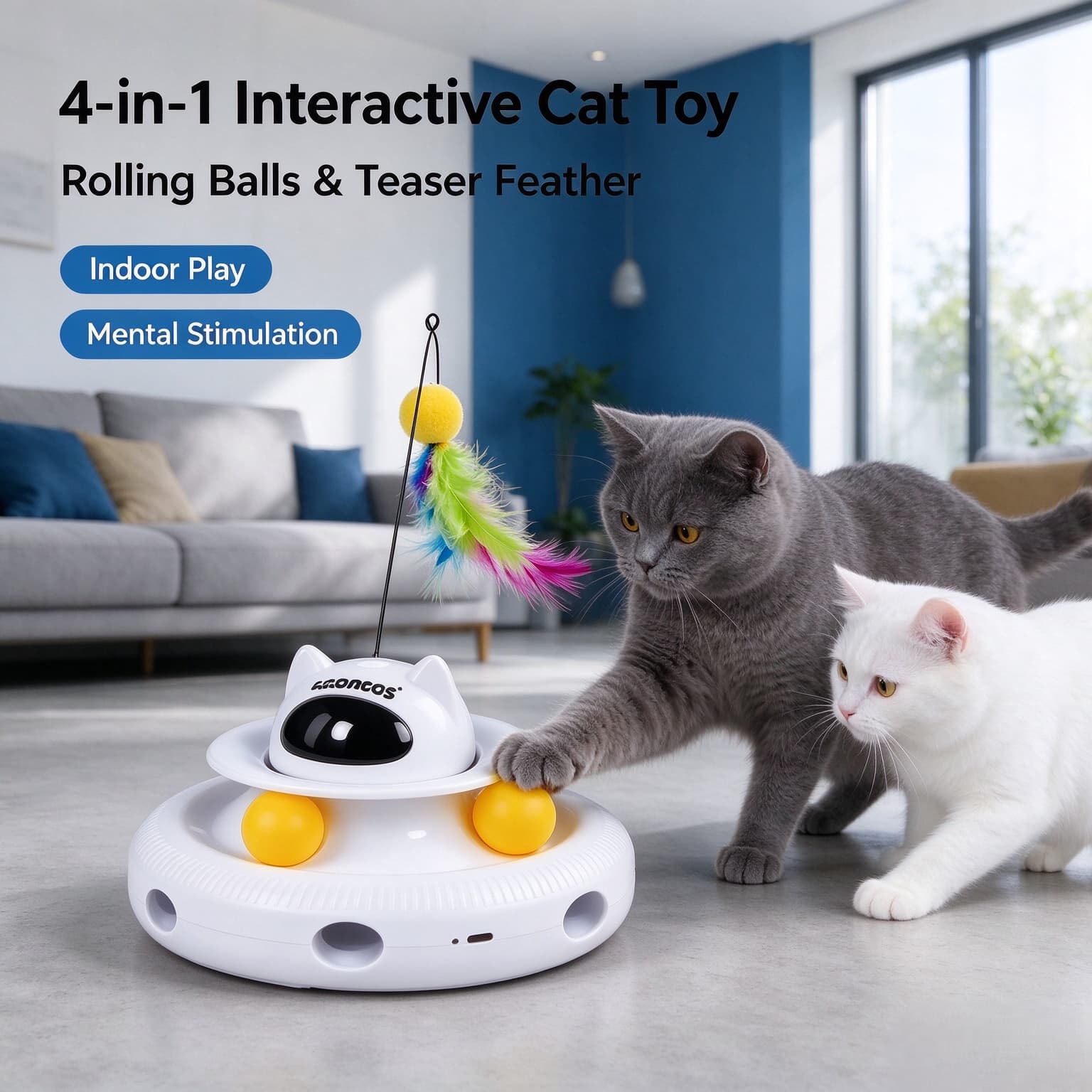 Hanfay 4-in-1 Interactive Cat Toy – 360° Feather, Laser Pointer & Track Balls | Wholesale & OEM - Image 3