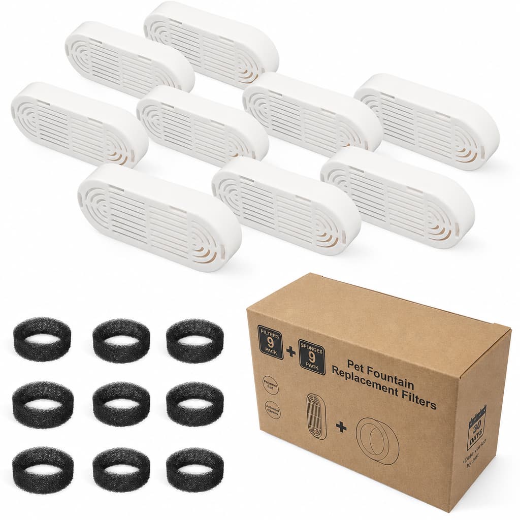 Regular replacement cat water fountain filters preventing hair and debris in water pump