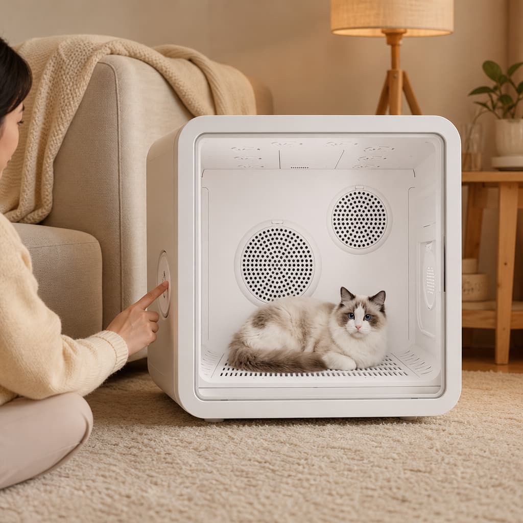 Whisper quiet pet grooming dryer box beside sofa for anxious pets