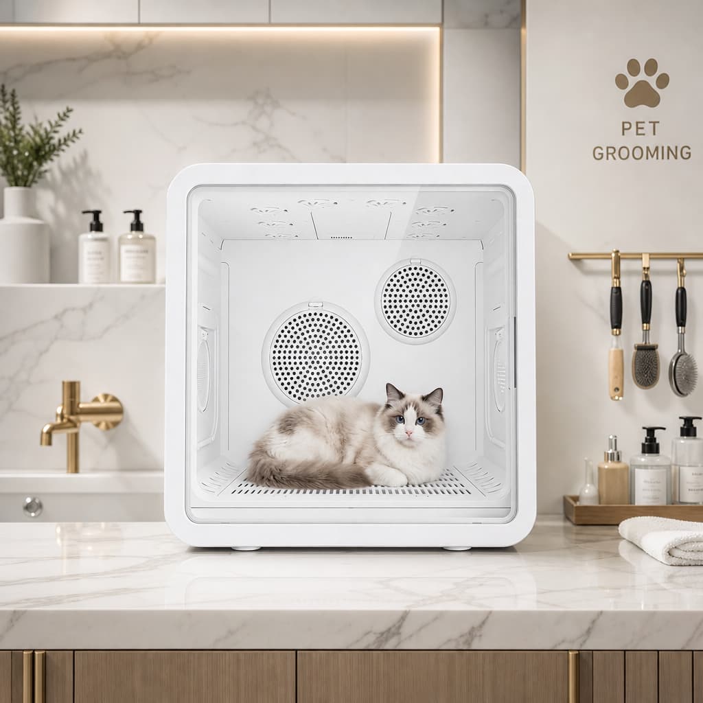 Professional dual motor pet drying cabin on marble countertop