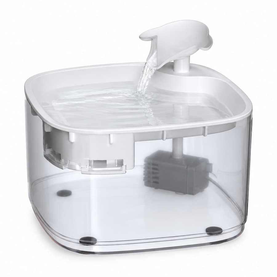 Exploded view of 2.4L pet water fountain showing detachable swan neck spout, 3-stage filter, and ultra-quiet submersible pump