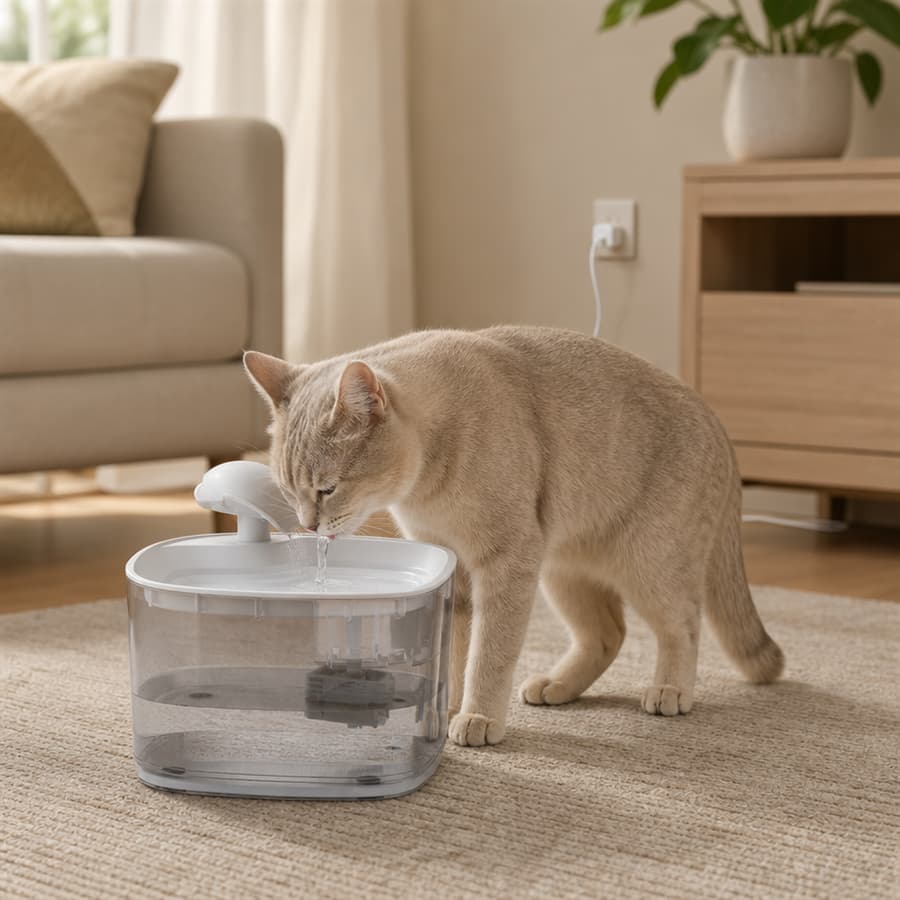Compact 2.4L pet water fountain with transparent reservoir fitting neatly beside cat feeding mat