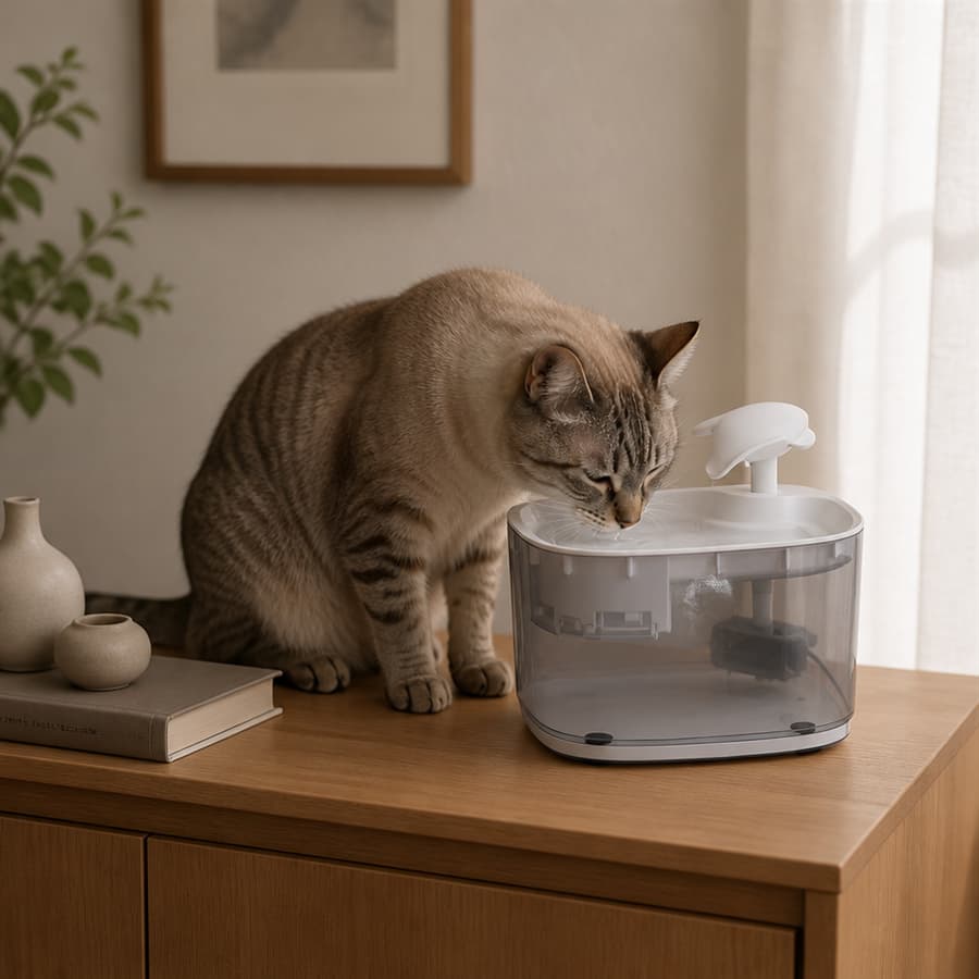 Curious cat drinking flowing water from swan neck spout of Hanfay 2.4L pet water fountain in living room