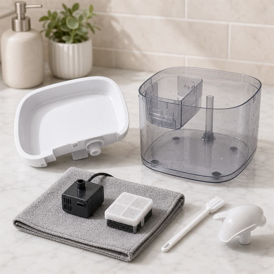 Easy disassembly and cleaning of Hanfay 2.4L pet water fountain components under running water