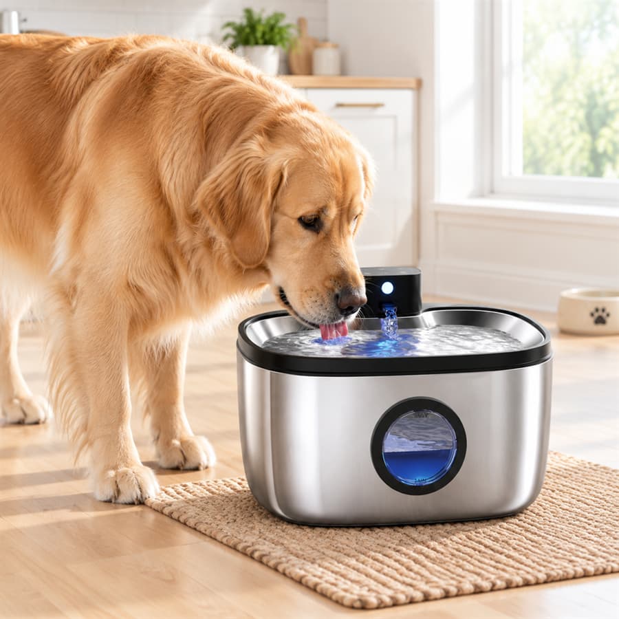 Large dog and cats drinking from Hanfay 5L stainless steel pet water fountain in a modern kitchen