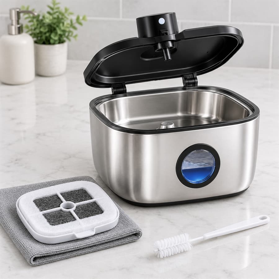 Easy 360 degree disassembly of 5L stainless steel pet water fountain reservoir for dishwasher safe cleaning