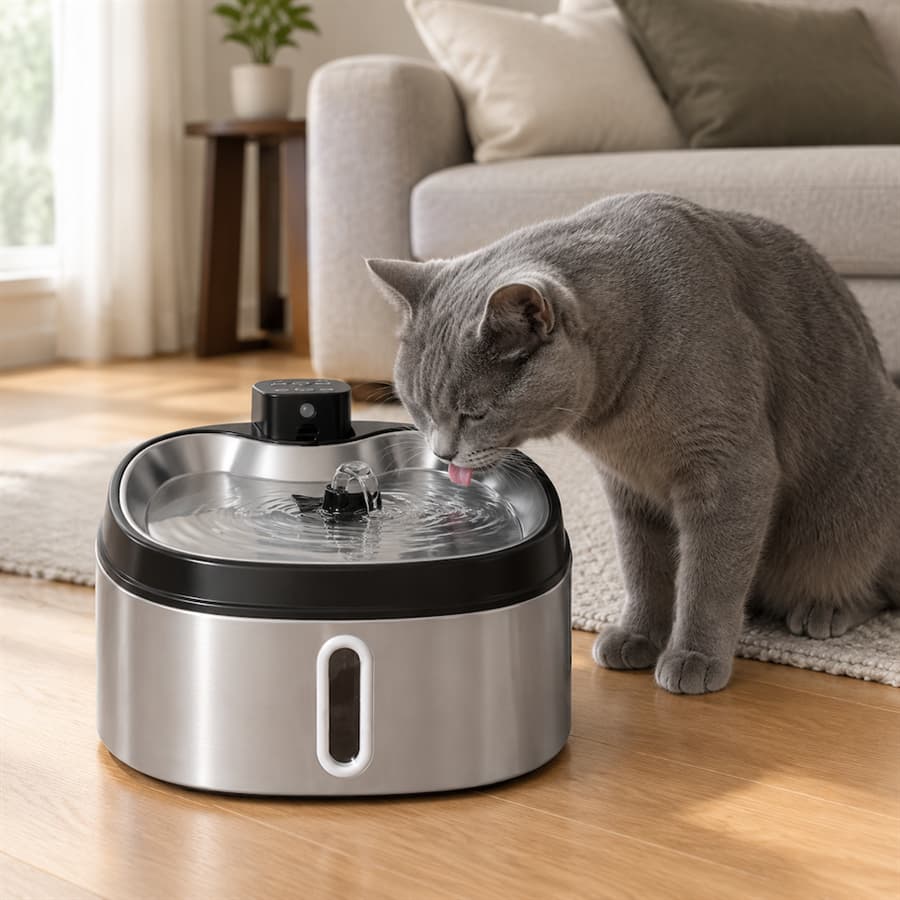 Cordless 7L stainless steel pet water fountain operating wire-free on 4000mAh battery beside pet bed