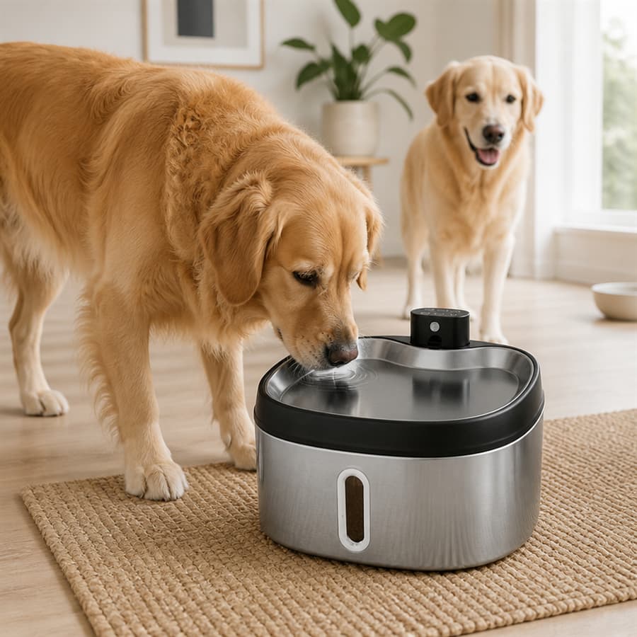 Large golden retriever and cats drinking together from Hanfay 7L stainless steel pet water fountain in living room
