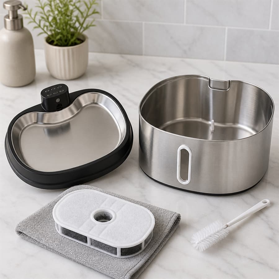 Clear visual water gauge and active UVC sterilization inside 7L stainless steel pet water fountain
