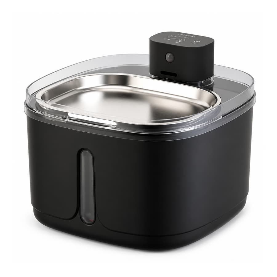 Hanfay HF-01A 3.2L water-electric separation pet fountain with SUS304 stainless steel tray in matte black