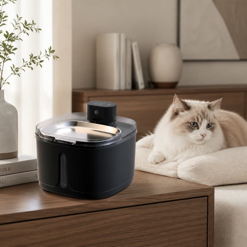 Hanfay HF-04W cordless pet fountain food-grade SUS304 stainless steel drinking tray and water level window