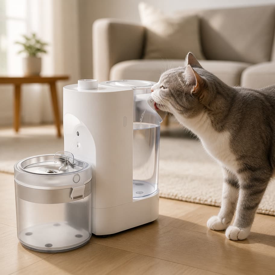 Cat drinking pristine fresh water from Hanfay clean and waste water separation pet fountain in modern home