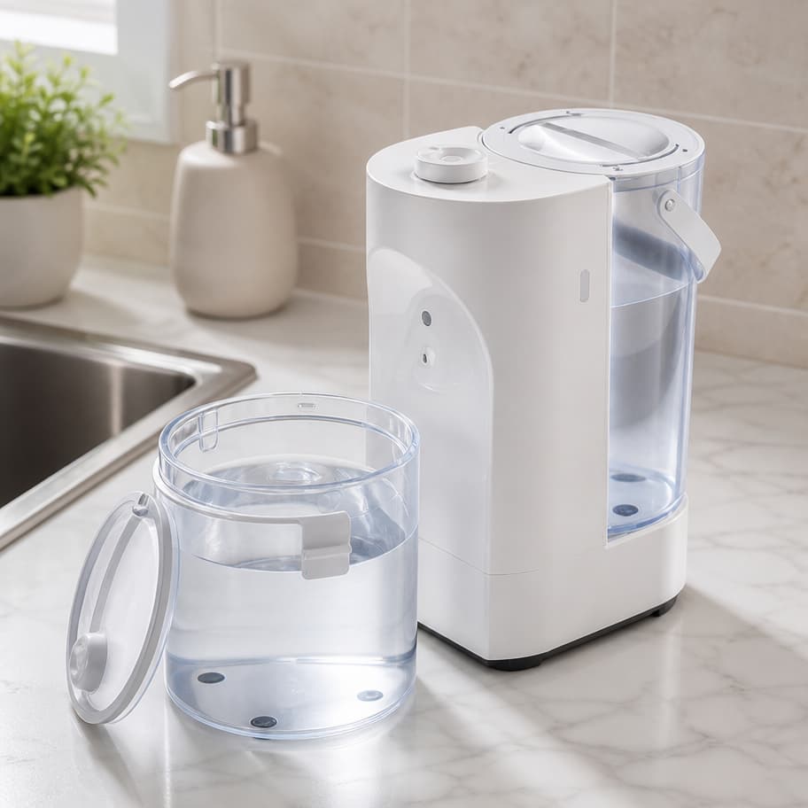User easily refilling portable clean water tank of clean and waste water separation pet fountain at kitchen faucet