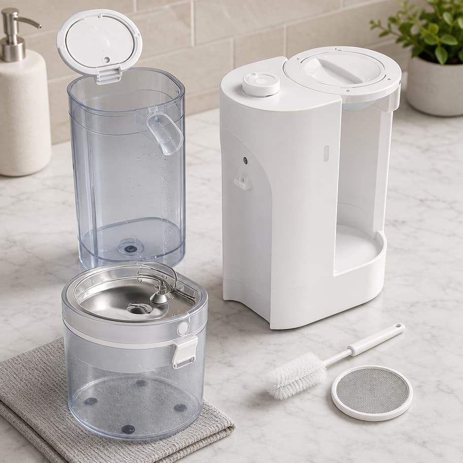 Cordless clean and waste water separation pet fountain operating wire-free on 4000mAh battery beside living room sofa