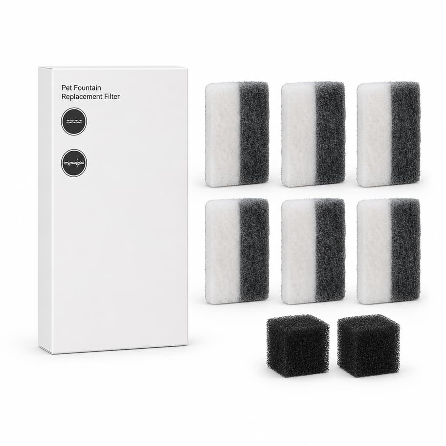 Exploded view of HF-01W pet water fountain replacement filters showing activated carbon, ion exchange resin, and maifan mineral stone layers